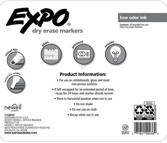 Expo Dry Erase Markers, Assorted Colors, Pack of 18