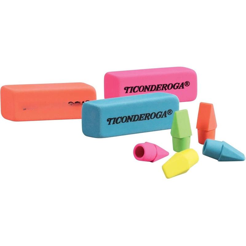 Ticonderoga Neon Erasers – 3 Packs, 12 Pencil-Top & 3 Hand-Held, Non-Toxic