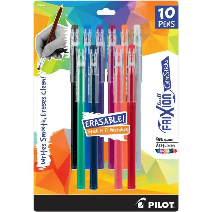 Pilot FriXion ColorSticks Erasable Gel Pens – 10 Pack, Assorted Colors, 0.7mm Fine Tip