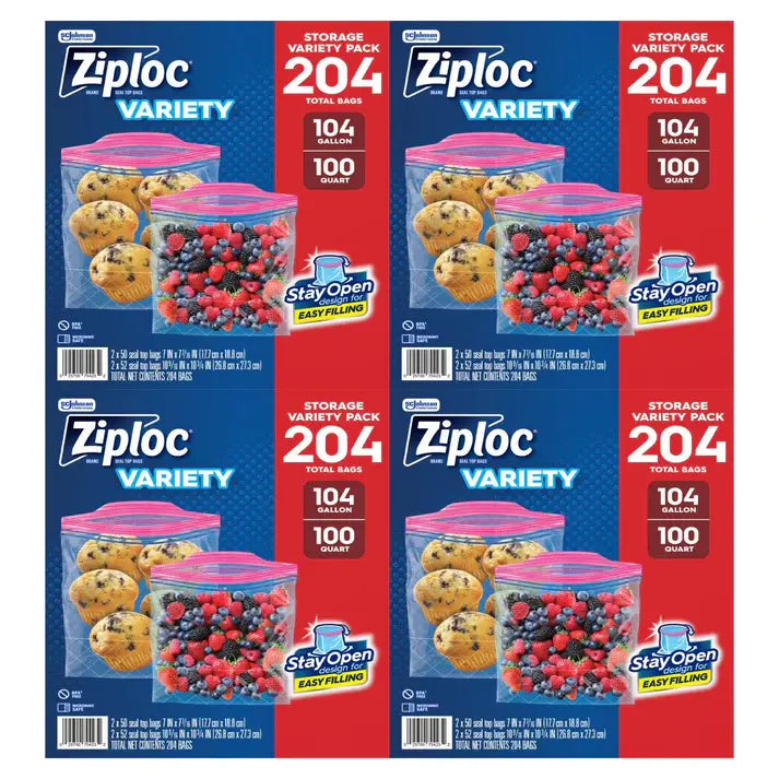 Ziploc Gallon & Quart Storage Bags with Stay Open Design, 204 Count