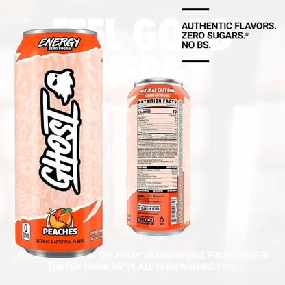 GHOST Energy Drink 16oz – 200mg Natural Caffeine, Zero Sugar (Pack of 12) Peaches
