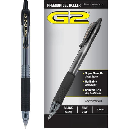 Pilot G2 Premium Gel Roller Pens 0.7, Fine Point Smooth Writing Pens Black, Pack of 12