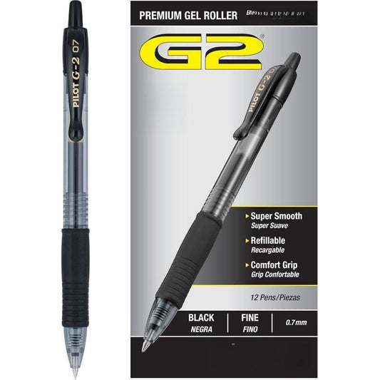 Pilot G2 Premium Gel Roller Pens 0.7, Fine Point Smooth Writing Pens Black, Pack of 12