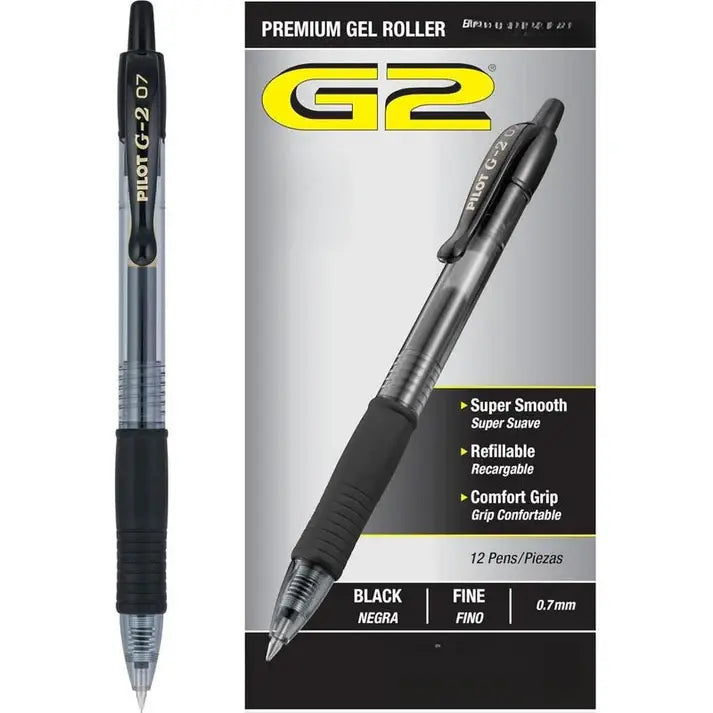 Pilot G2 Premium Gel Roller Pens 0.7, Fine Point Smooth Writing Pens Black, Pack of 12