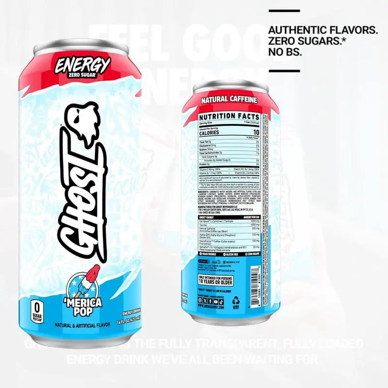 GHOST Energy Drink 16oz – 200mg Natural Caffeine, Zero Sugar (Pack of 12) Merica Pop