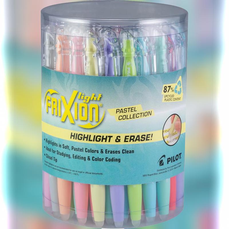 FriXion Light Pastel Erasable Highlighters with Erasing Tip & Sturdy Clip Chisel Tip Tub of 36 Assorted Colors