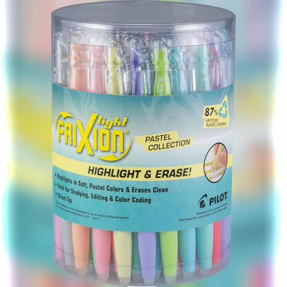 FriXion Light Pastel Erasable Highlighters with Erasing Tip & Sturdy Clip Chisel Tip Tub of 36 Assorted Colors
