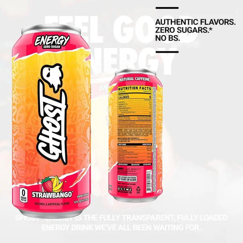 Ghost Energy Drink – Zero Sugar, 16 fl oz Cans (Pack of 6) Strawbango