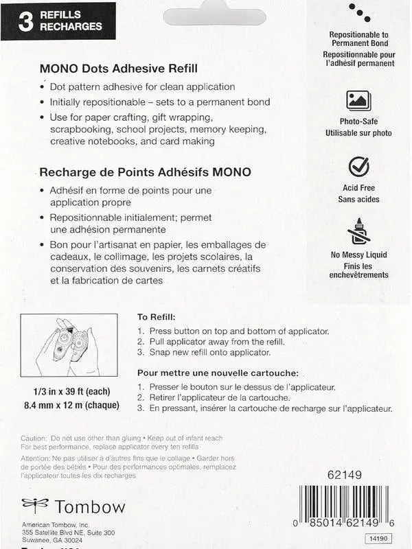Tombow Mono Adhesive Dots Applicator Refills, Easy to Refill for Smooth Application