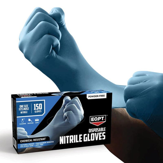 EQPT Blue Powder-Free Nitrile Gloves – 2 Packs, 150 Gloves per Pack, Latex-Free, Textured Grip
