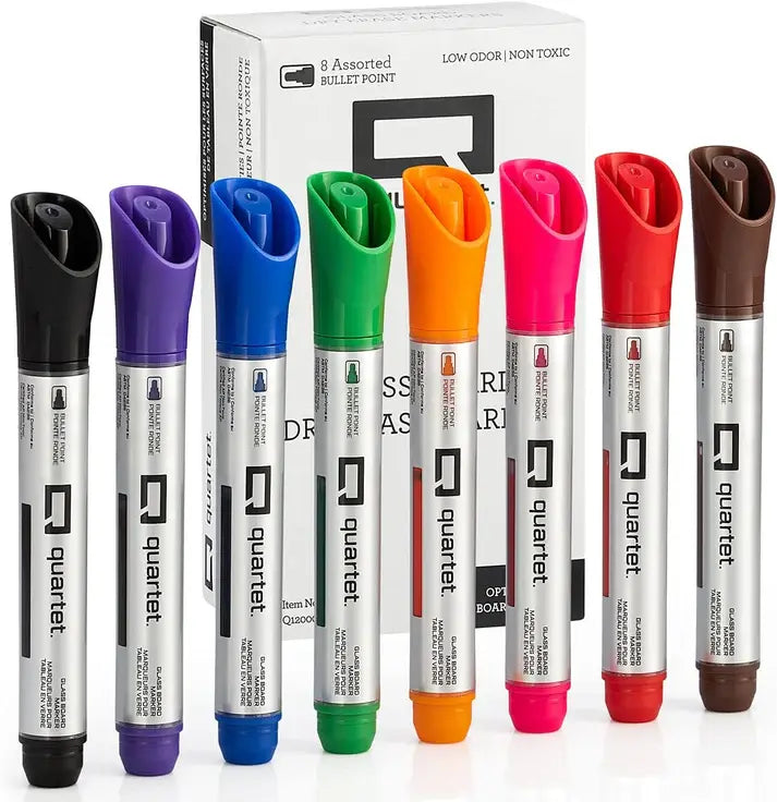 Quartet Glass Dry Erase Markers (8-Pack) | Bold Liquid Ink, Bullet Tip for Whiteboards & Glass Boards | Assorted Colors