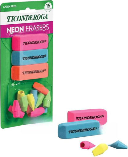 Ticonderoga Neon Erasers – 3 Packs, 12 Pencil-Top & 3 Hand-Held, Non-Toxic