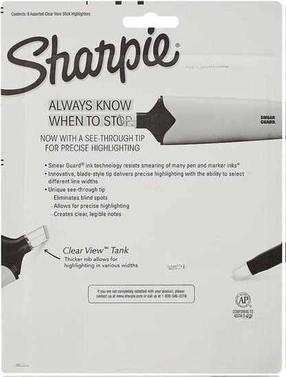 Sharpie Clear View Highlighters – 8 Assorted Colors, Smear-Resistant, Precision Tip