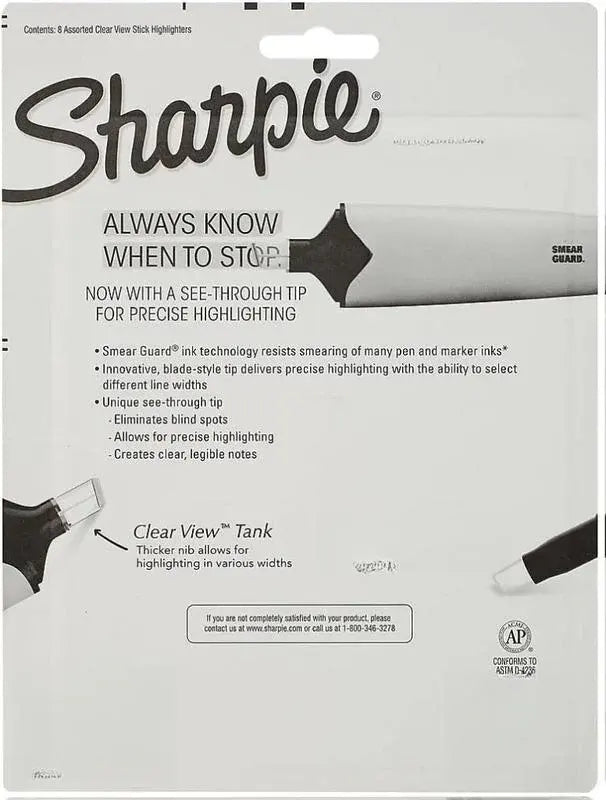 Sharpie Clear View Highlighters – 8 Assorted Colors, Smear-Resistant, Precision Tip
