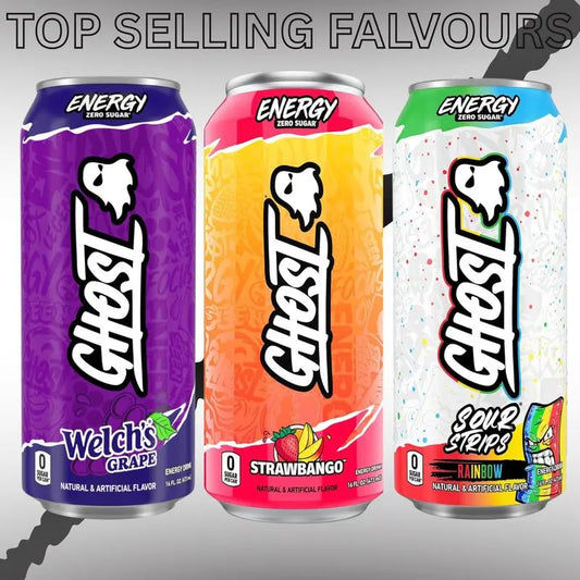 Ghost Energy Drink 16oz Variety Pack – 6 Cans, Zero Sugar Feel-Good Energy Welch's Grape Sour - Strawbango - Strips RainBow