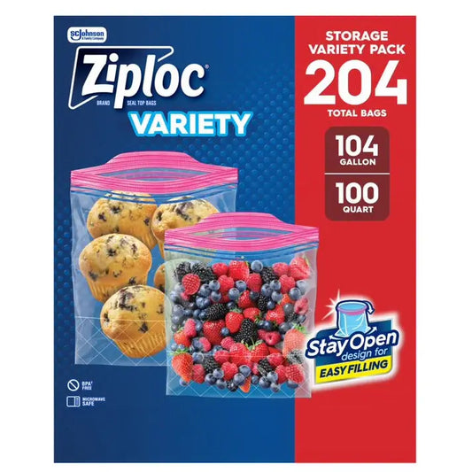 Ziploc Gallon & Quart Storage Bags with Stay Open Design, 204 Count