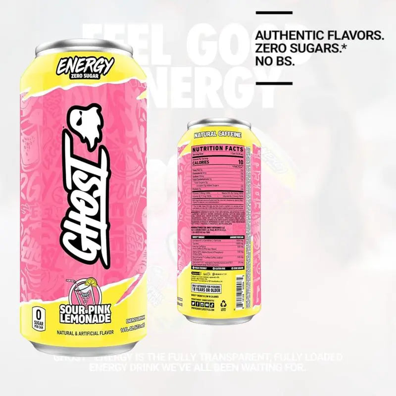 Ghost Energy Drink – Zero Sugar, 16 fl oz Cans (Pack of 6) Sour Pink lemonade