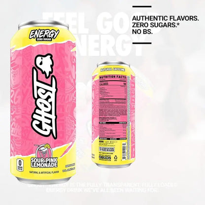 Ghost Energy Drink – Zero Sugar, 16 fl oz Cans (Pack of 6) Sour Pink lemonade