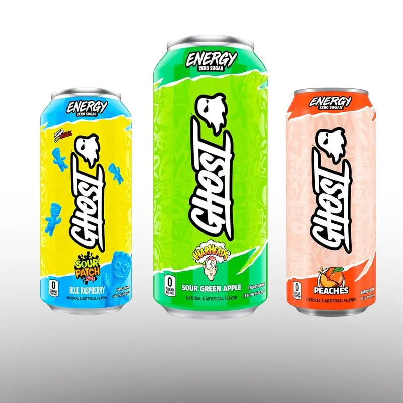 Ghost Energy Drink 16oz Variety Pack – 6 Cans, Zero Sugar Feel-Good Energy Blue Raspberyy - Sour Green Apple - Peaches