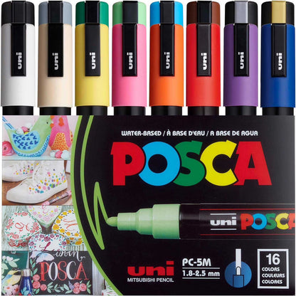 Uni POSCA PC-5M Water-Based Paint Markers, Medium Point (1.8–2.5mm), Assorted Colors, 16 Pack