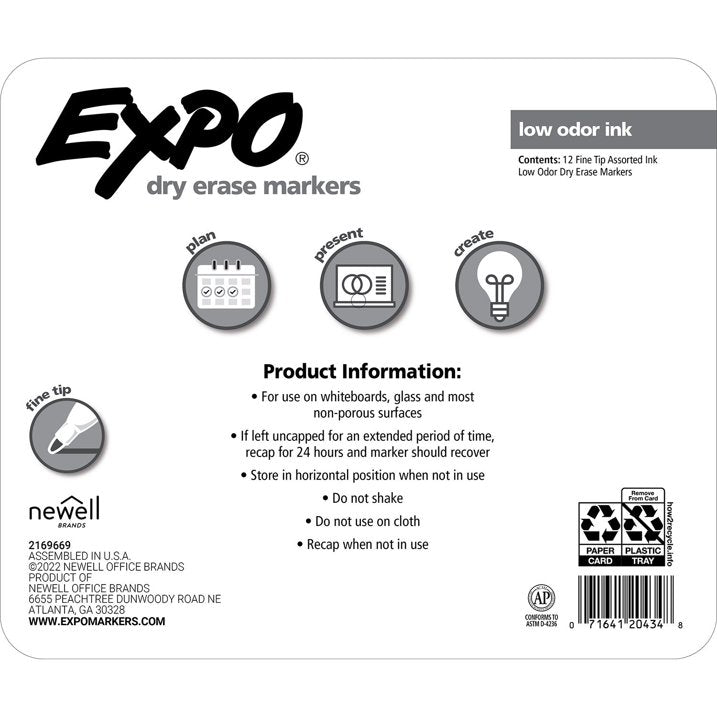EXPO Low Odor Dry Erase Markers, Fine Tip, Assorted Colors, 12 Pack