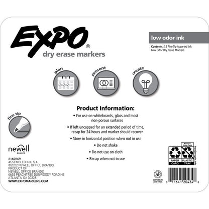 EXPO Low Odor Dry Erase Markers, Fine Tip, Assorted Colors, 12 Pack