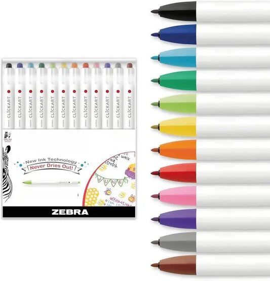 Zebra CLiCKART Retractable Felt Tip Pens (12-Pack) | Fine Point 0.6mm, Capless, Quick-Dry Ink