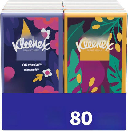 Kleenex On-The-Go Facial Tissues 8 Packs 10 Tissues per Box 3-Ply 80 Total Ultra-Absorbent Soft Durable Travel Packs Packaging May Vary