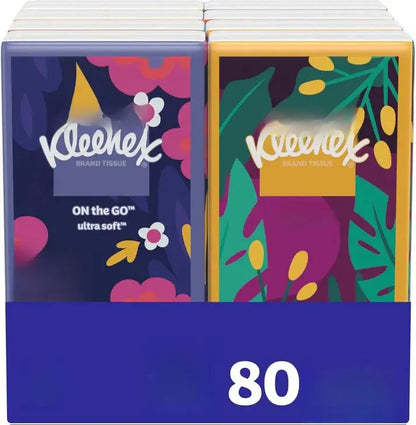 Kleenex On-The-Go Facial Tissues 8 Packs 10 Tissues per Box 3-Ply 80 Total Ultra-Absorbent Soft Durable Travel Packs Packaging May Vary