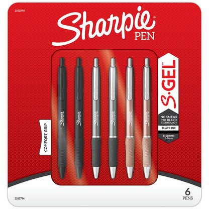 Sharpie Metal Barrel S-Gel Pens, 6-Pack, Medium Point 0.7mm