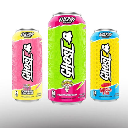 Ghost Energy Drink 16oz Variety Pack – 6 Cans, Zero Sugar Feel-Good Energy Sour Pink Lemonade - Sour Watermelon - Swedish Fish