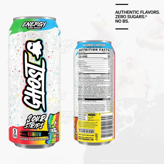 Ghost Energy Drink – Zero Sugar, 16 fl oz Cans (Pack of 6) Sour Strip Rainbow