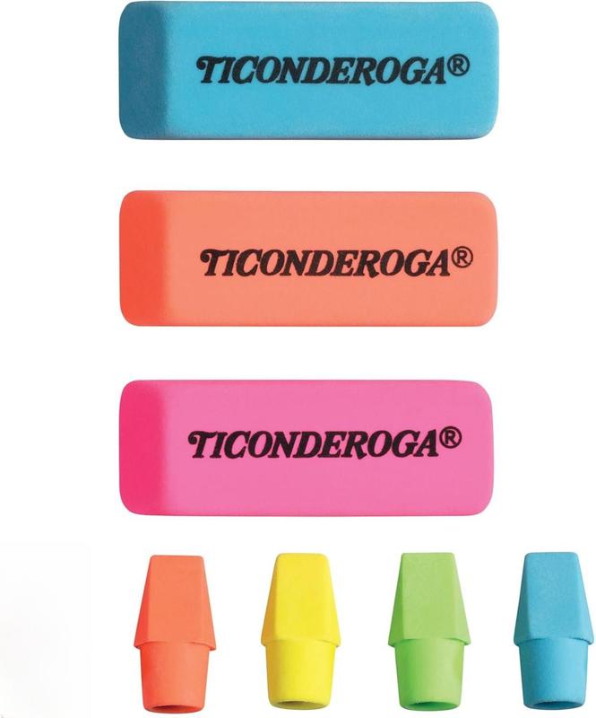 Ticonderoga Neon Erasers – 3 Packs, 12 Pencil-Top & 3 Hand-Held, Non-Toxic