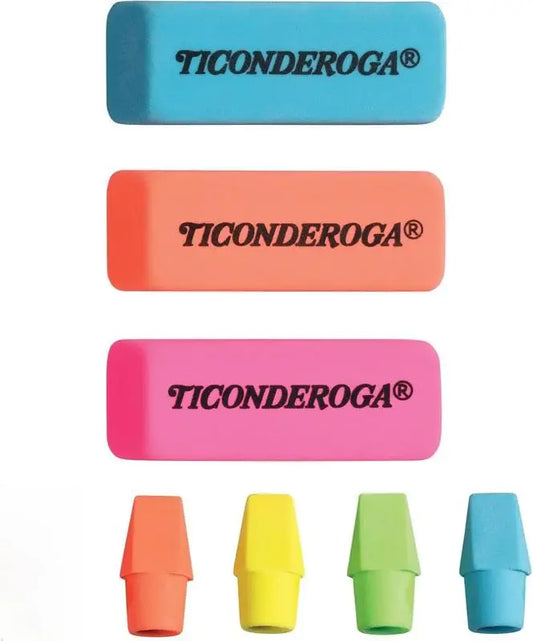 Ticonderoga Neon Erasers – 3 Packs, 12 Pencil-Top & 3 Hand-Held, Non-Toxic