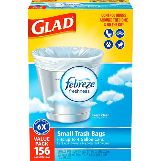Glad Small Twist-Tie White Trash Bags, Fresh Clean Scent with Febreze Freshness, 4 gal., 156 ct.