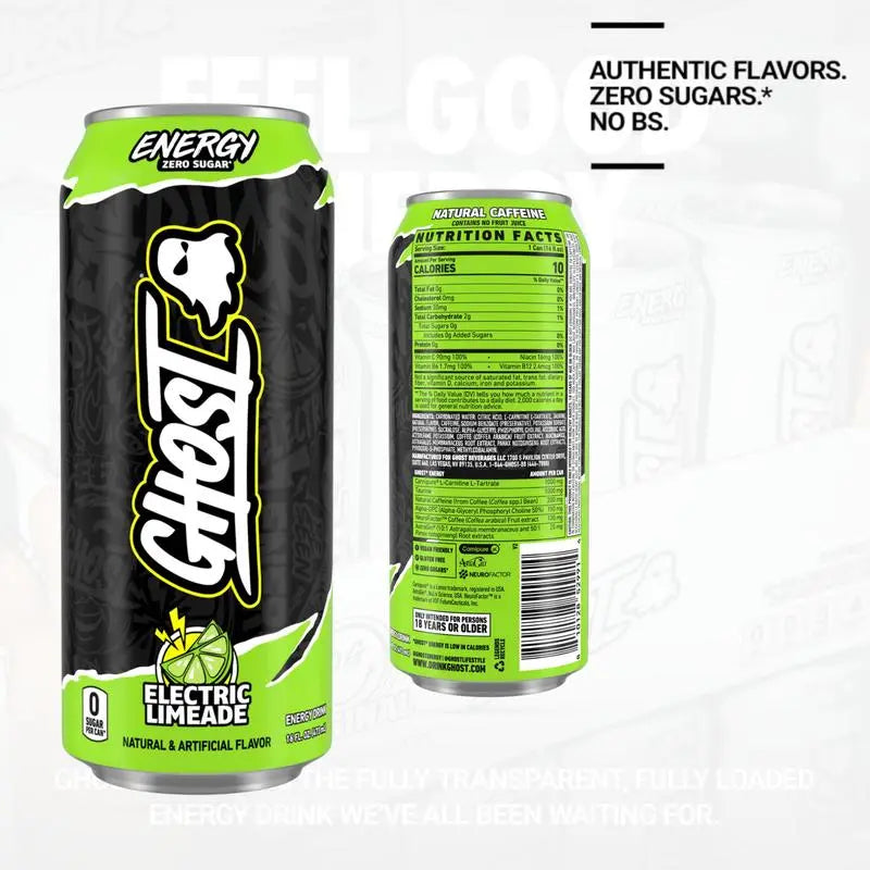 GHOST Energy Drink 16oz – 200mg Natural Caffeine, Zero Sugar (Pack of 12) Electric Limade