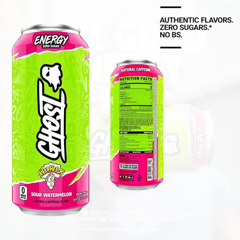 GHOST Energy Drink 16oz – 200mg Natural Caffeine, Zero Sugar (Pack of 12) Sour Watermelon