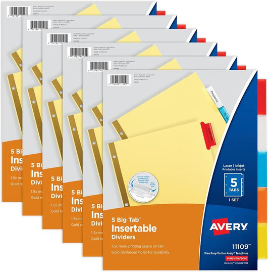 Avery Binder Dividers - 5-Tab Insertable Multicolor Big Tabs for Binders, 12 Sets of Dividers