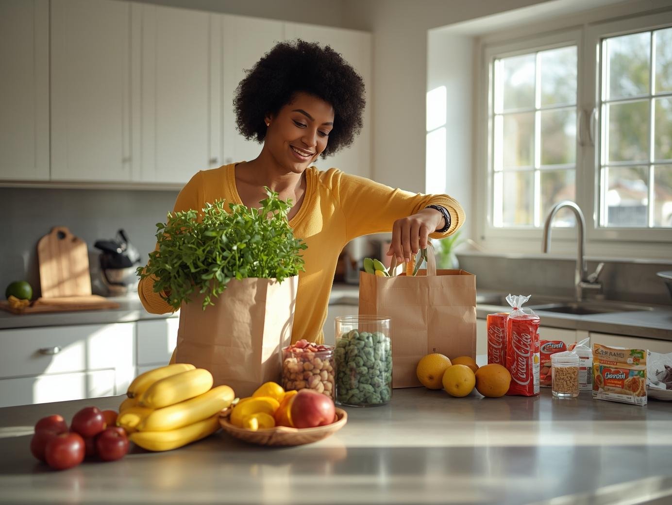 Lifestyle photo, bright kitchen setting, woman unpacking fresh grocery bags with fruits, snacks, and packaged items on counter. Natural daylight. 600×400px. No text.