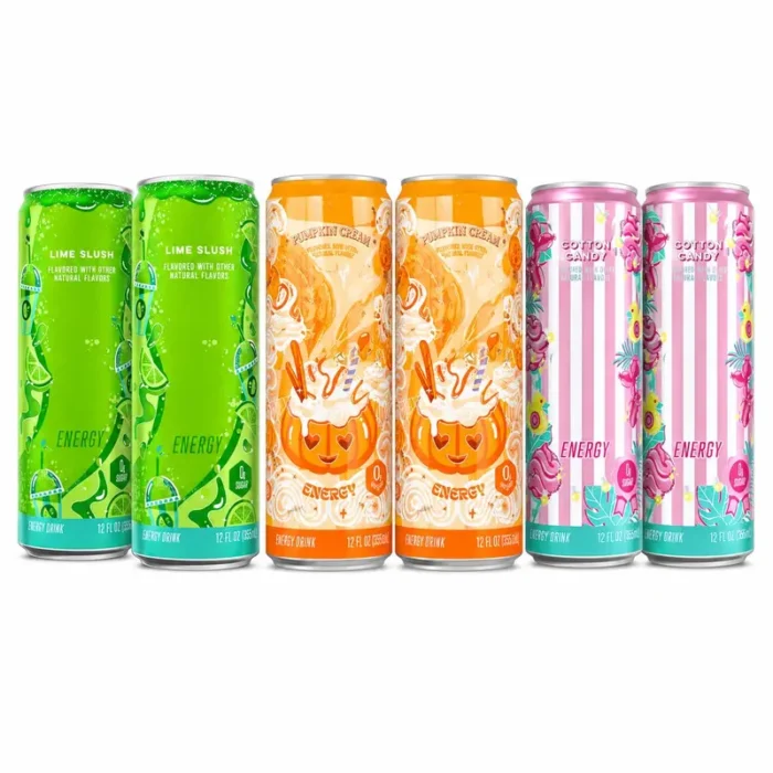 Sugar-Free Low-Calorie Energy Drink Variety Pack, Lime Slush, Cotton Candy, Pumpkin Cream, 12 fl oz Cans, 6 Count