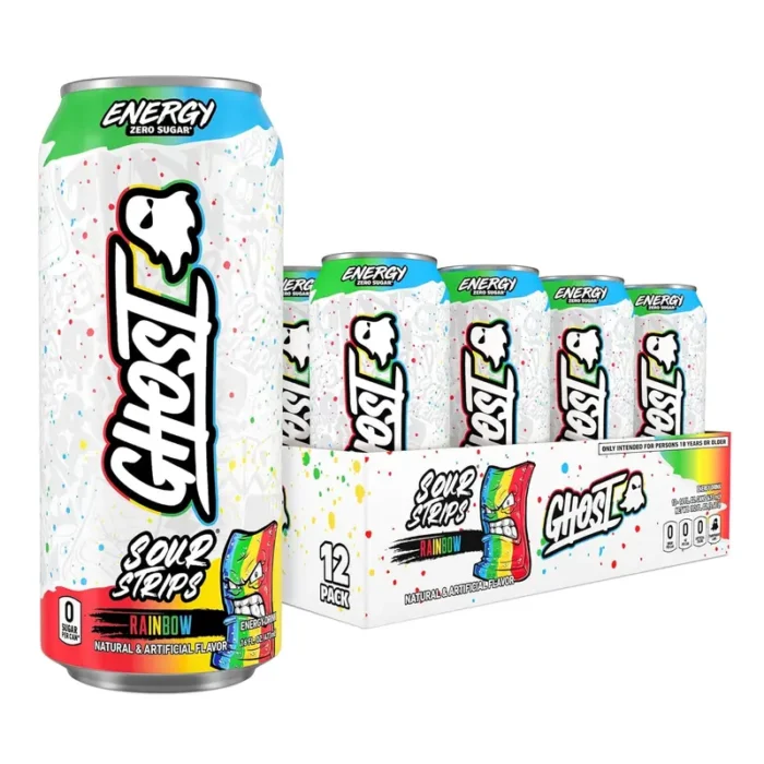 GHOST Energy Drink, Sour Strips Rainbow Flavor, 200mg Caffeine, Zero Sugar, 16 oz Cans, 12-Pack