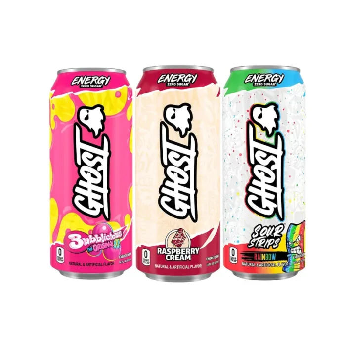 GHOST Sport Energy Drink Variety Pack, Bubblicious, Raspberry Cream, Sour Strips Rainbow, 16 oz Cans, 6 Count