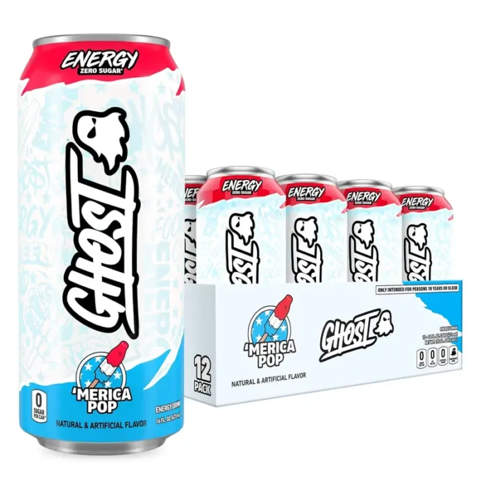 GHOST Energy Drink, 'Merica Pop Flavor, 200mg Caffeine, Zero Sugar, 16 oz Cans, 12-Pack