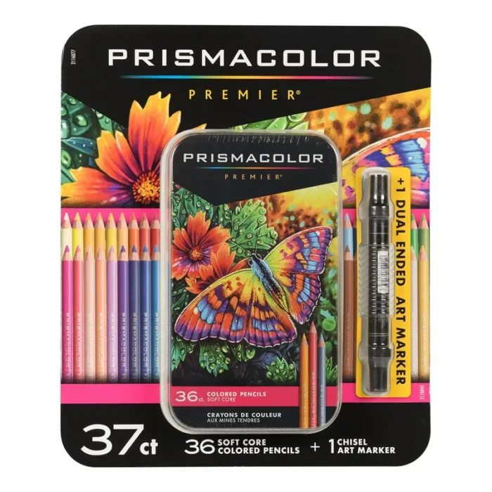 Prismacolor Premier Soft Core Colored Pencils, 37 Assorted Colors with Dual-Ended Art Marker, Classroom Drawing Supplies