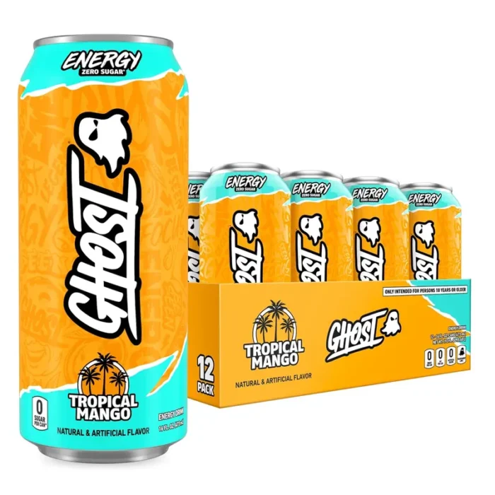 GHOST Energy Drink, Tropical Mango Flavor, 200mg Caffeine, Zero Sugar, 16 oz Cans, 12-Pack