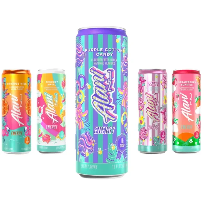 Alani Nu Energy Drink Variety Pack, Purple Cotton Candy, Cotton Candy, Orange Kiss, Strawberry Sunrise, Sherbet Swirl, 12 fl oz Cans, 10 Count