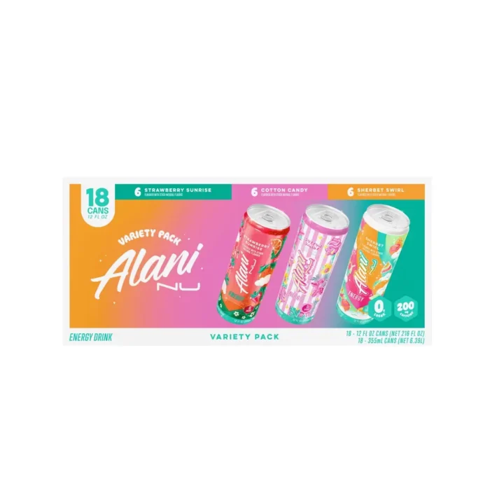Alani Nu Sport Energy Beverage Variety Pack, Strawberry Sunrise, Cotton Candy, Sherbet Swirl, 12 fl oz Cans, 18-Pack