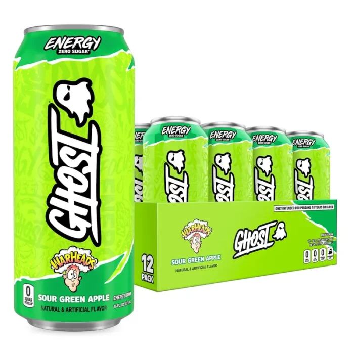 GHOST Energy Drink, Warheads Sour Green Apple Flavor, 200mg Caffeine, Zero Sugar, 16 oz Cans, 12-Pack