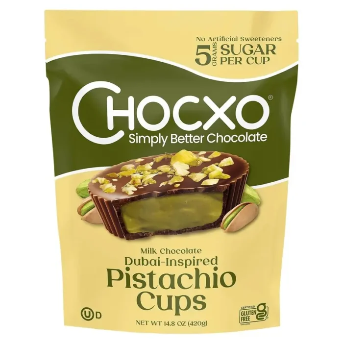 ChocXo Crunchy Milk Chocolate Dubai-Inspired Pistachio Cups, 14.8 oz, Individually Wrapped