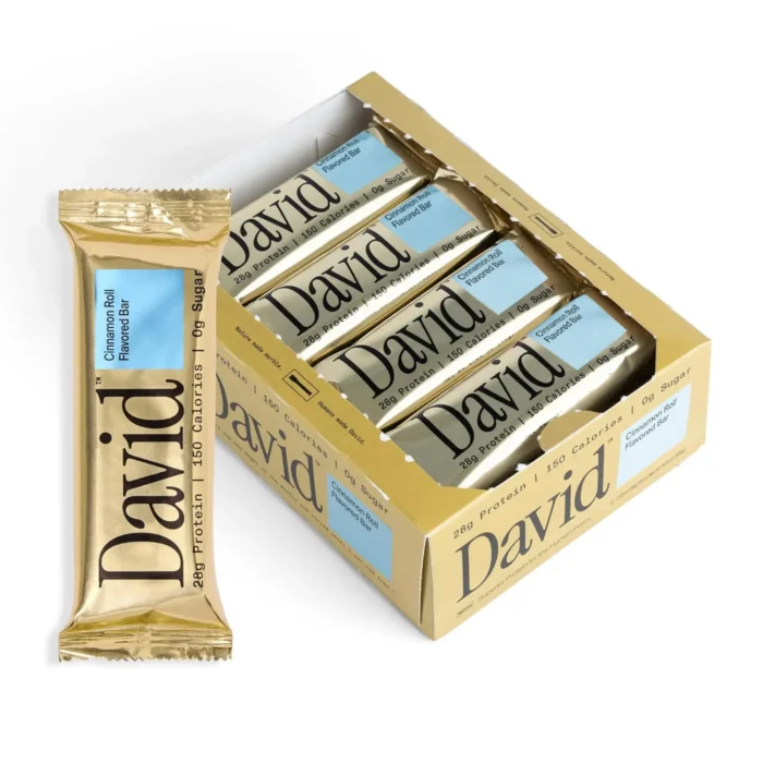 David Protein Bar, Cinnamon Roll, 28g Protein, 150 Calories, 0g Sugar, Pack of 12
